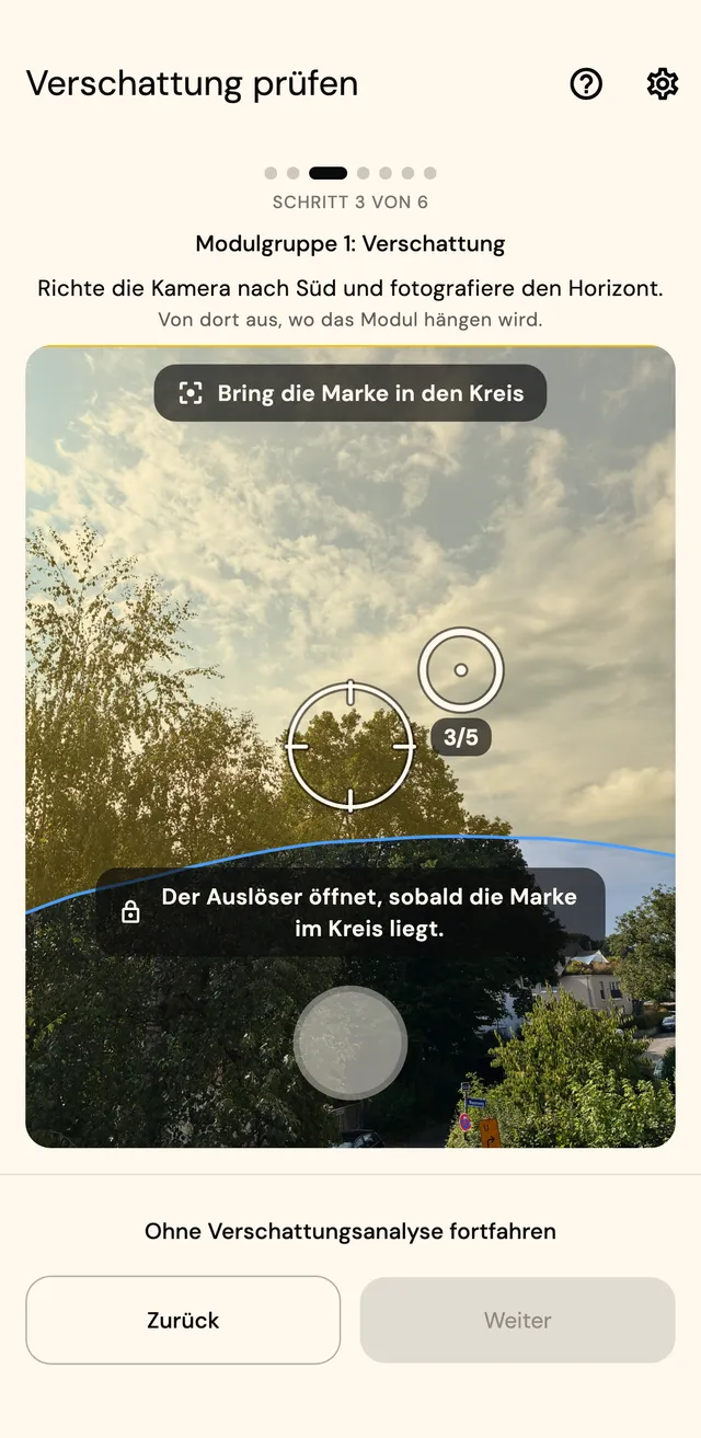 Kameraansicht der Verschattungsmessung: Zielmarker und Kreis führen die Aufnahme, Foto 3 von 5